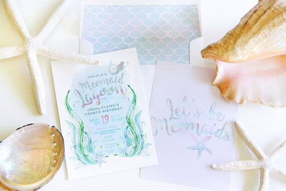 Printable mermaid birthday invitation - Mermaid lagoon - Under the sea party mermaid bash - Watercolor Holographic Iridescent - Customizable Il_570xn