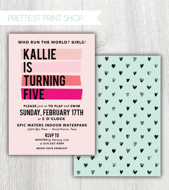 Girl Power birthday invitation - Who Run the World? Girls! - Girl empowerment party - Strong girls birthday - Pink Mint - Hearts Il_570xn
