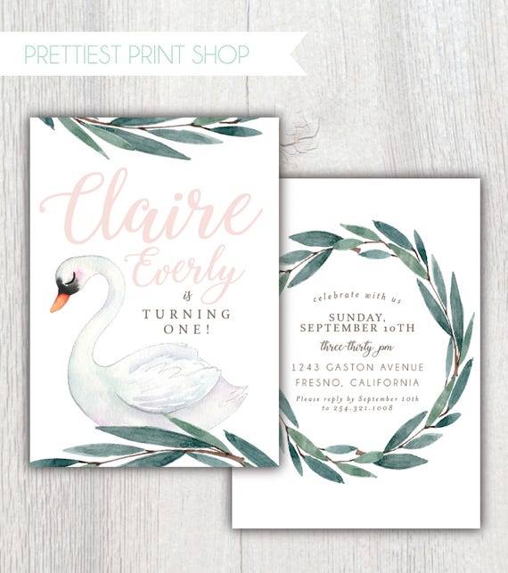 Printable Swan birthday invitation - Watercolor Eucalyptus wreath - Swan baby shower - Bridal shower - Greenery frame - Customizable Il_570xn