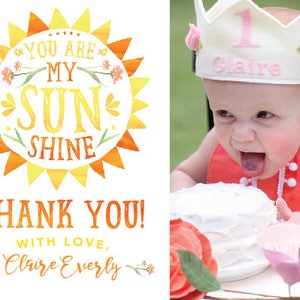 Printable You are my Sunshine birthday photo thank you card First birthday thank you message Bridal Baby shower notecard Customizable image 2