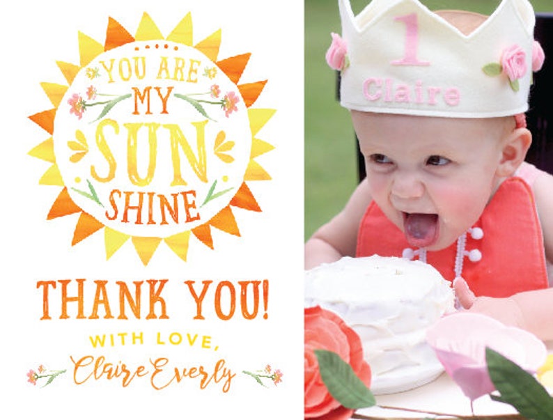 Printable You are my Sunshine birthday photo thank you card First birthday thank you message Bridal Baby shower notecard Customizable image 2