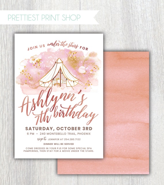 Printable Boho Under The Stars birthday invitation - Bell Tent - Movie Night - Spa Pampering party - Girl Birthday - Rose Gold- Customizable Il_570xn