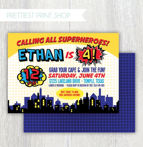 Printable superhero invitation - Comic book invitation - Boy birthday invitation - Superhero birthday party - 4th birthday - Customizable Il_570xn