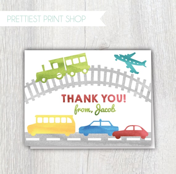 Printable thank you card - Transportation party - Planes trains and automobiles - Boy birthday party thank you card - Customizable Il_570xn