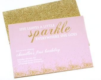 Printable gold glitter invitation - Pink and gold - She leaves a little sparkle everywhere she goes - Birthday invitation - Customizable