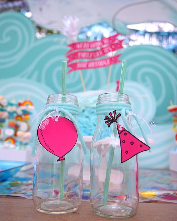 Party Hat and Balloon cutout tags - Party Like a Narwhal - Party animals labels - Drink bottle tags - Birthday party - Customizable Il_570xn