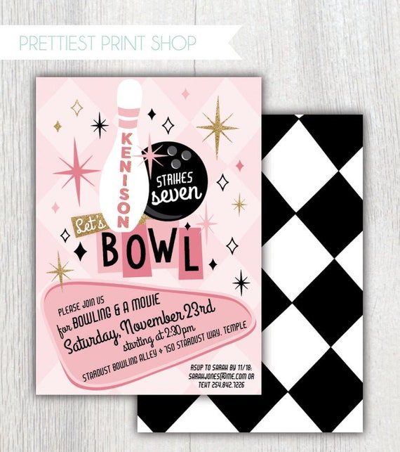 Girl bowling birthday invitation - Pink bowling party - Black and white checkerboard - Pink and gold - Let's Bowl - Customizable Il_570xn