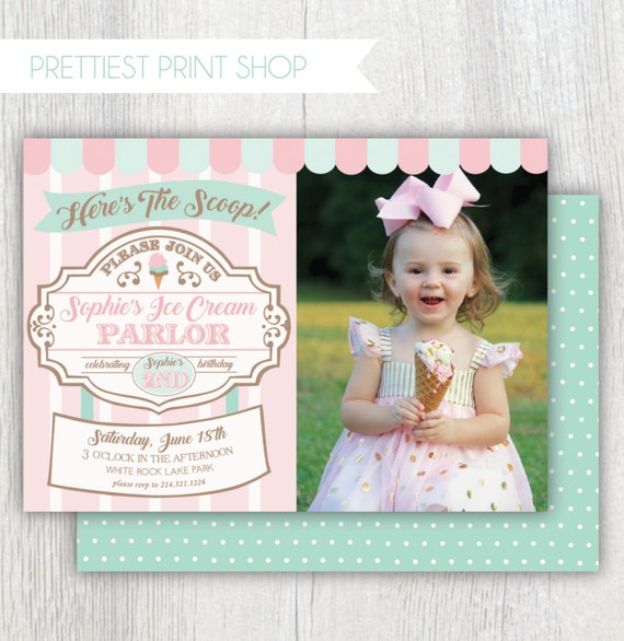 Printable ice cream parlor invitation with photo - Here's the scoop - Ice cream first birthday party - Ice Cream Sweet Shoppe - Customizable Il_570xn