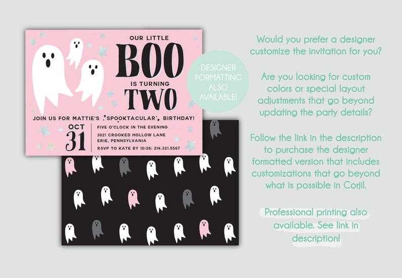 EDITABLE TEMPLATE Pink halloween birthday invitation Our Little BOO is turning Two Ghost Boo-thday Peek-a-boo Shower Halloween image 3