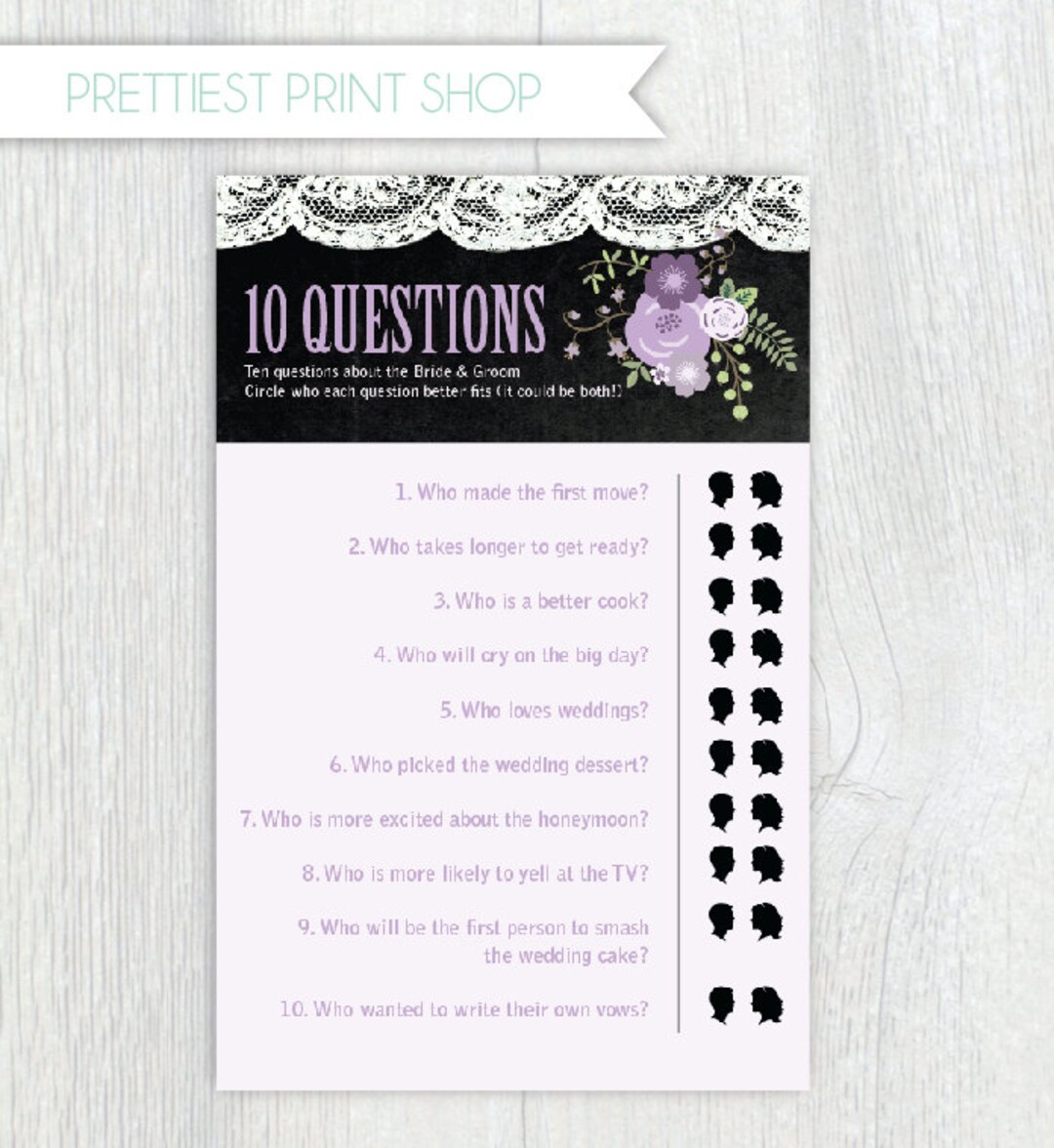 Printable Bridal Shower Game Sheets Ten Questions Game Icebreaker Game
