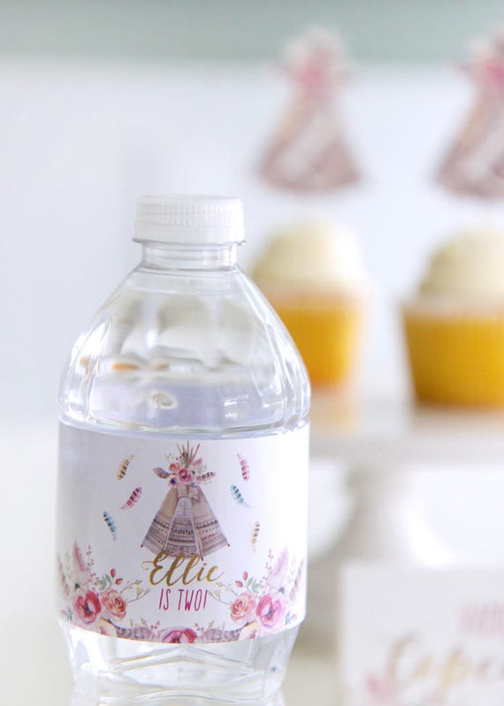 Teepee water bottle labels - Bohemian floral teepee tribal party decor - Young wild three - Wild One birthday - Boho baby shower - Printable Il_570xn