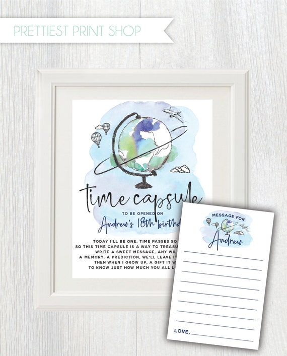 Printable Time Capsule party sign and notecards - What a ONEderful world - Globe - Hot air balloon - Airplane - Travel - First birthday Il_570xn