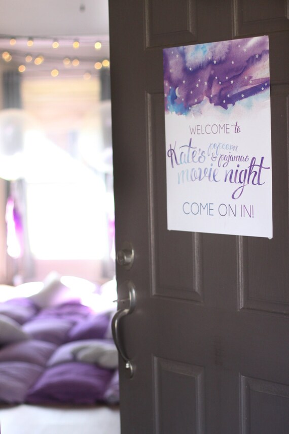 Printable birthday welcome sign - Pajamas and Popcorn movie night - Purple watercolor - Stars and moon - Slumber party - Birthday party Il_570xn
