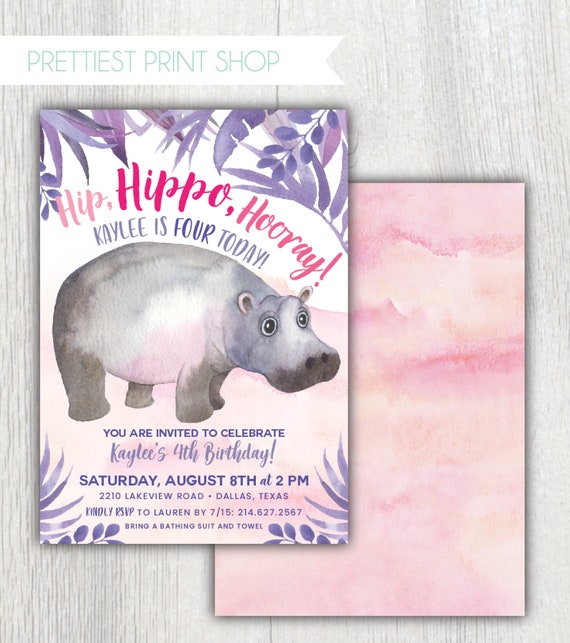 Printable Hippo invitation - Hip Hippo Hooray - Hippo birthday party girlie safari invitation - Safari animals Fourth birthday Customizable Il_570xn