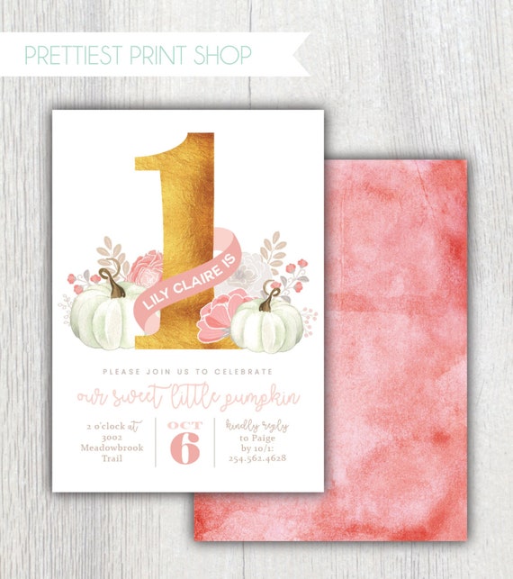 Printable Our Little Pumpkin first birthday invitation - Girlie Floral Fall Autumn birthday party - Gold one - 1st Birthday - Customizable Il_570xn