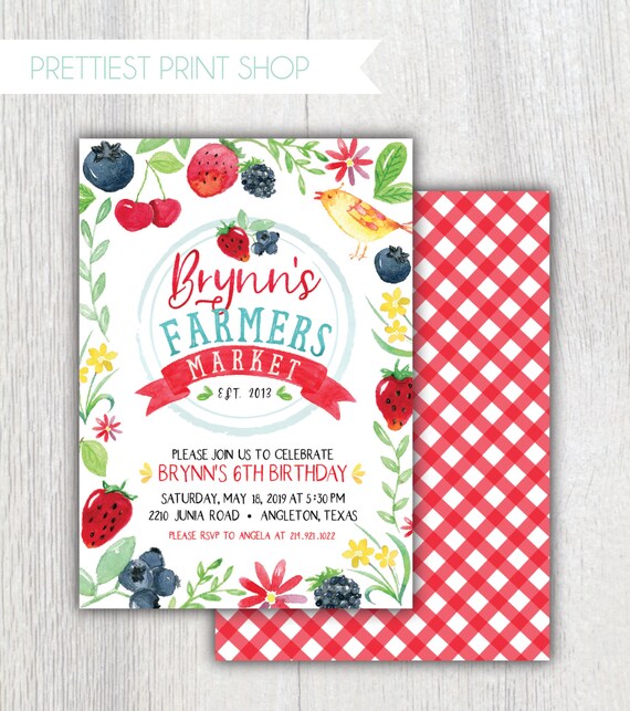 Printable Farmers Market invitation - Red Gingham Floral Strawberry Blueberry Picnic Birthday party - Shower Engagement party - Customizable Il_570xn