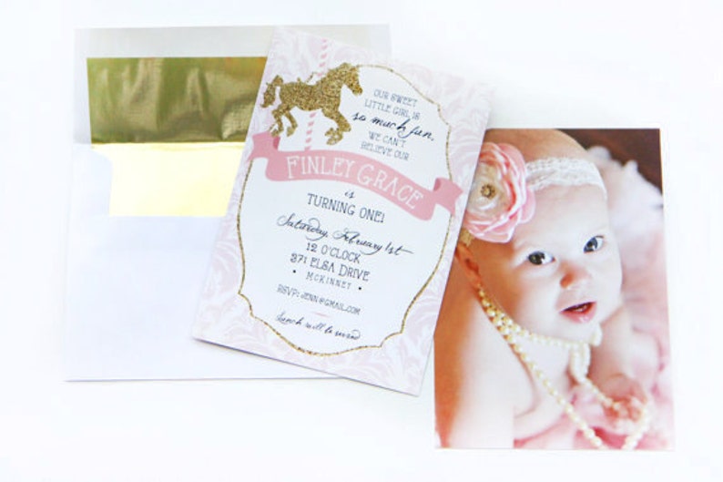 Baby Shower Printable pink and gold carousel invitation with photo First birthday invitation Customizable Birthday invitation