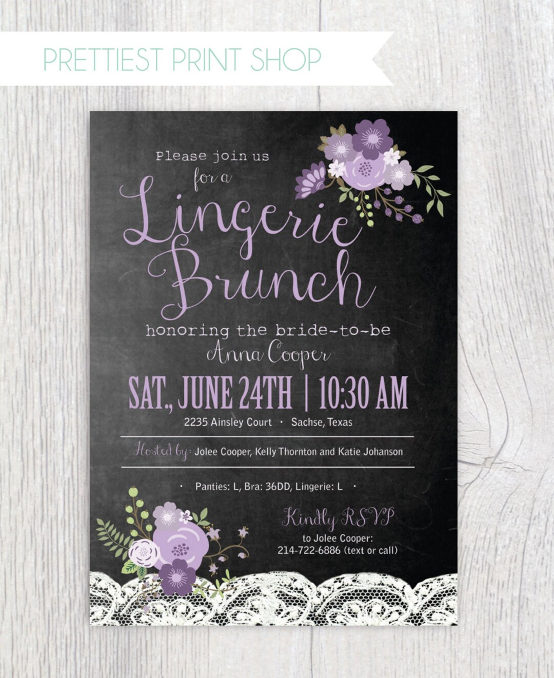Printable Lingerie Bridal Shower Invitation Chalkboard Lavender Floral Lace Customizable - Etsy