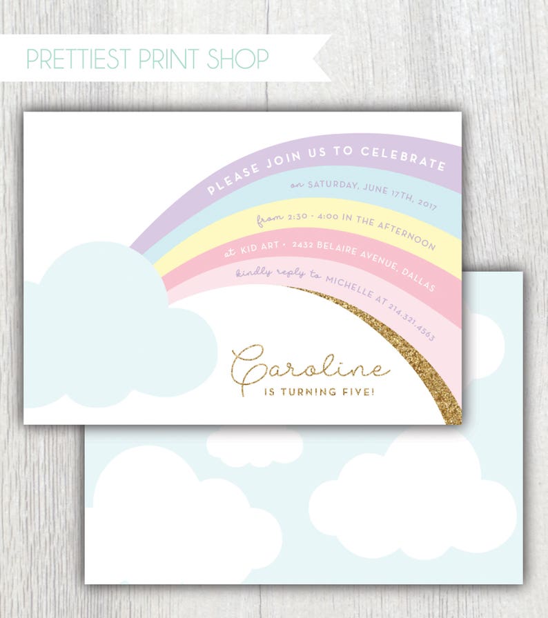 Printable Rainbow birthday invitation Pastel rainbow Clouds Gold glitter Rainbow party Rainbow Baby shower Customizable image 1