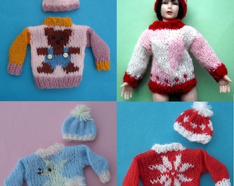 KIT for Motif Sweaters - miniature knitting pattern for dolls house/dollhouse in 1:12 scale - heart, teddy bear, rabbit or snowflake