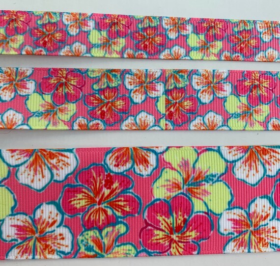5 Yards Orange White Hibiscus Flower Tropical Ribbon 7//8/"W