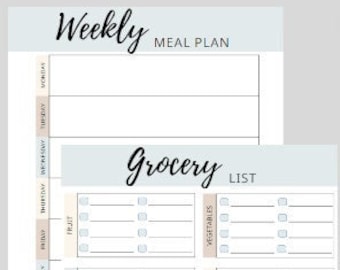 Puede incluir: Planificador de dos páginas con un plan de comidas semanal y una lista de compras. La página superior es para el plan de comidas semanal. La página inferior es una lista de compras con secciones para frutas, verduras, carne, etc. El texto es negro.
