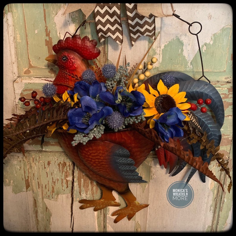 Porch Decor Fall Outdoor Decor Rooster Home Decor Arrangement With Sunflowers Farmhouse Wreath Tin Rooster Farmhouse Decor