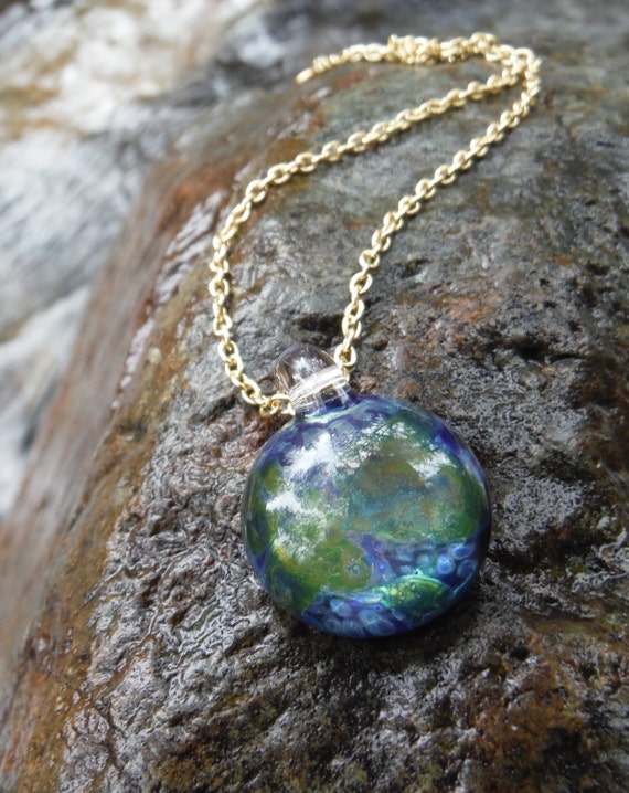 Items similar to Green and blue blown glass pendant necklace, gold ...