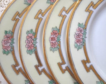 Set of 4 French Plates. Antique Fine China Pink Floral Dishes with Gold Gilt. Salad or Dessert Plates, Bridal Shower Wedding Shabby Chic