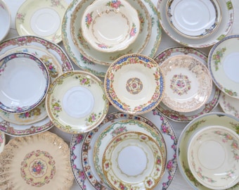 Vintage Plates, Mismatched China, Dishes Set.  Floral, Dinner, Salad, Dessert Plates and Bowls.  Tea Party Bridal Shower Supplies and Decor