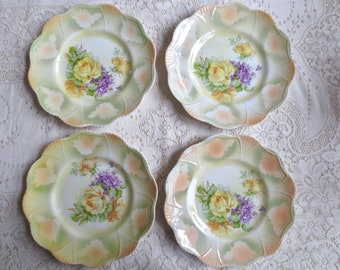 Vintage Plates with Roses.  Antique Dinner Plates, Lusterware.  Yellow and Purple Dinner with scalloped edge. Cottage Farmhouse decor