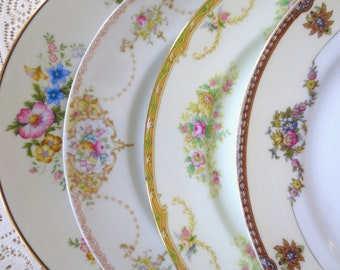 Set of 4 Mismatched Dinner Plates. Floral China Plates. Mix Match Plates. Shabby Chic Dishes. Dinnerware, Alice in Wonderland, Tea Party