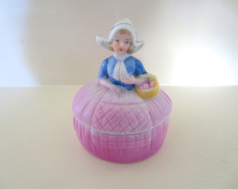 Vintage Trinket Dish from Germany.  Pastel Pink Porcelain Vanity Dish with Woman holding basket.  Victorian Lady Fine China, Ring Dish, Girl