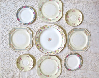 Set of 9 Mismatched China Plates. Floral Wall Collage. Farmhouse Decor. Vintage Plates. Antique Plates. Tea Party Bridal Shower. Shabby Chic