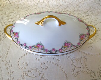 Antique Covered 1920s Serving Dish, PSAG Schonwald Germany. Fine China, Pink Floral and Gold Dinnerware. Shabby Cottage Chic Victorian Decor
