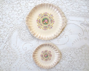 Pair of Trojan Sebring Melody round serving platters. Floral and Gold Gilt Dinnerware, Shabby Chic Vintage Dishes, Tea Party Supplies