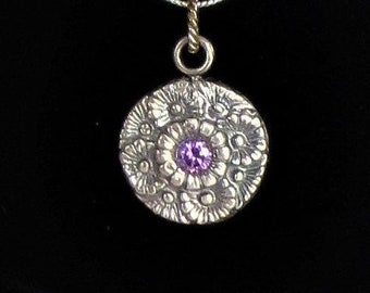 Lavender Stone - Purple Amethyst CZ - Floral Pendant Necklace - Silver Necklace - 925 Fine Silver