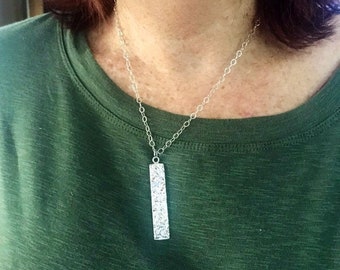 Vertical bar pendant. Long bar necklace. Silver bar necklace. Hammered bar. Bar drop necklace.