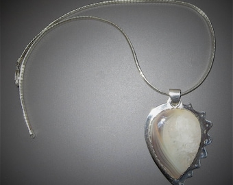 Large Fine Silver Agate Pendant Necklace White and Grey Agate Silver Pendant on 18 inch Omega Chain