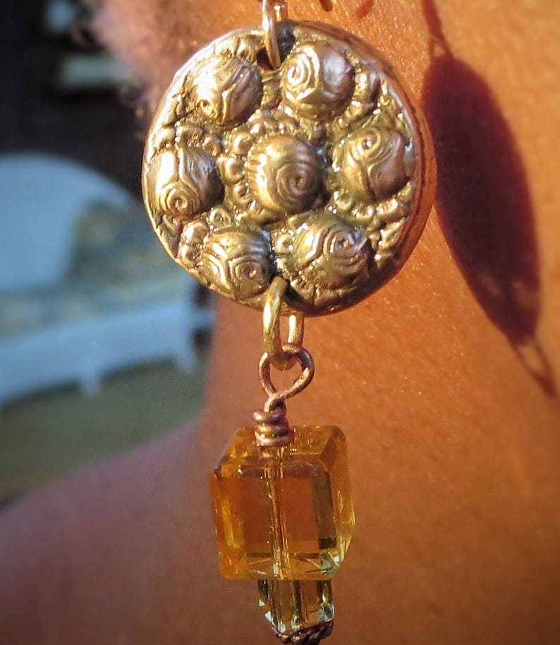 Exotic Dangle Earrings, Old Button Jewelry, Repurposed Buttons, Antique Button Earrings, Button Statement Earrings image 5