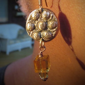 Exotic Dangle Earrings, Old Button Jewelry, Repurposed Buttons, Antique Button Earrings, Button Statement Earrings image 4