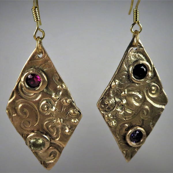 Long Rustic Bohemian Gold Dangle Drop Earrings - gypsy primitive ethnic boho statement jewelry - handmade diamond shaped gift for her women
