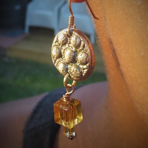 Exotic Dangle Earrings, Old Button Jewelry, Repurposed Buttons, Antique Button Earrings, Button Statement Earrings image 1