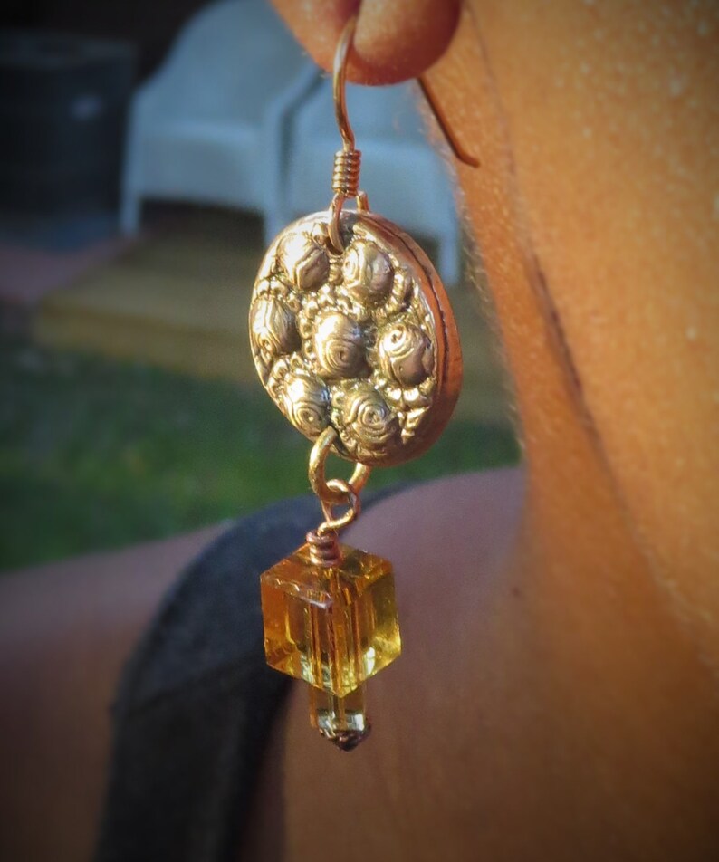 Exotic Dangle Earrings, Old Button Jewelry, Repurposed Buttons, Antique Button Earrings, Button Statement Earrings image 1