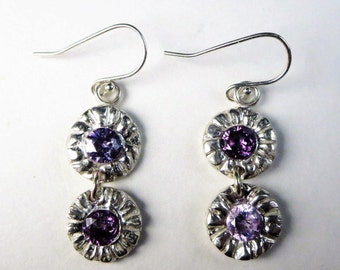 Dainty Silver Flower Earrings   Gift Gift for Her Amethyst Statement Boho   with Sparkly Faceted CZ's by