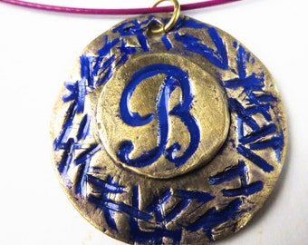 Gold & Blue "B" Initial Pendant on Wire Choker Primitive Abstract Embossed Geometric Chunky Handmade