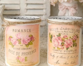 2 Pc Shabby Chic French Country Ivory Tin Cans CottageCore | Table Centerpieces | Home Dorm Decor Gift Sweet Vintage Designs