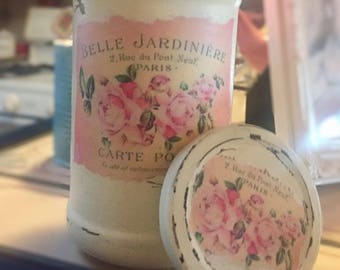 Shabby Chic French Country Ivory Jar Vase - Decoupage Pastel Paris France Labels Table Centerpiece Home Dorm Decor Gift Sweet Vintage Design