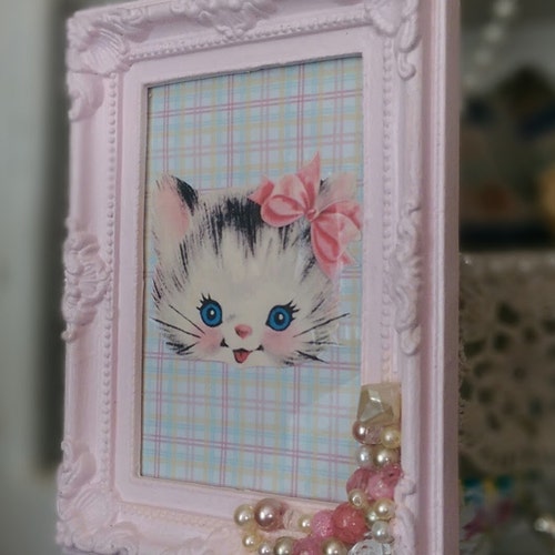 pink-ornate-kitty-cat-framed-art-retro-vintage-kitten-shabby-etsy
