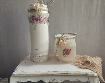 Shabby Chic Glass Jars for Rustic Farmhouse Home Decor - Flower Vase - 2 Piece Set - Gift Idea Vintage-Inspired Hand Painted